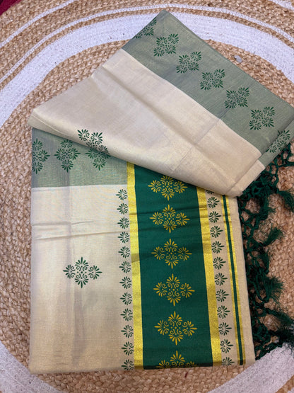 Green Kerala Vishu Sari Indian Cream Tissue Saree C9 - Col 2