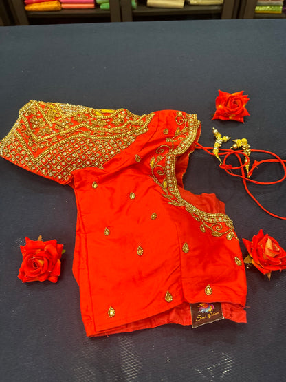 40” Aari hand Worked Sari Blouse Indian Top Choli Silk Red B18
