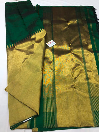 Raising Border Kanchipuram Pure Silk Saree Green Indian Kanjivaram Sari| SPK332