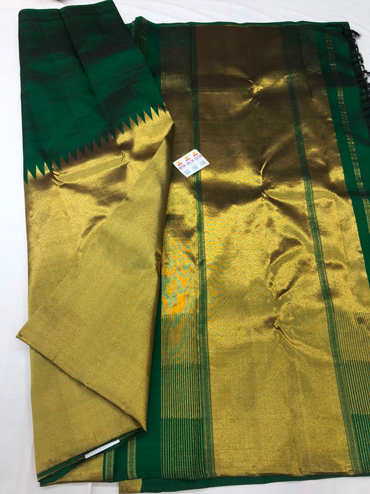 Raising Border Kanchipuram Pure Silk Saree Green Indian Kanjivaram Sari| SPK332