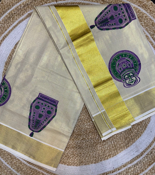 Purple Kerala Vishu Sari Indian Cream Tissue hand Printed Onam Saree C17 Col 5