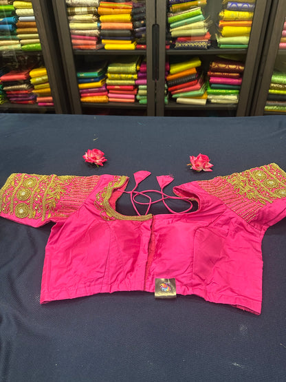 40” Aari hand Worked Sari Blouse Indian Top Choli Silk Pink Gold B11