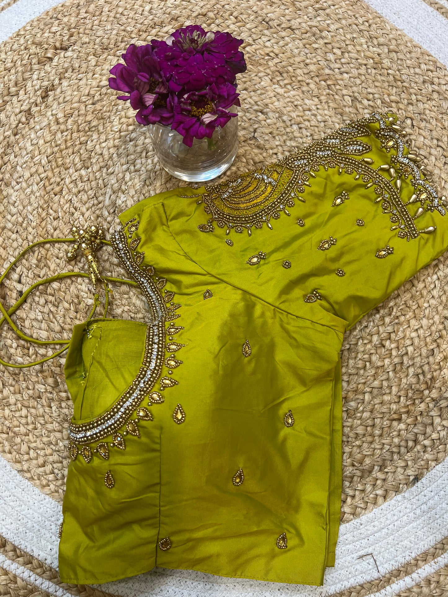 40” Aari hand Worked Sari Blouse Indian Top Choli Silk Lime Green B13