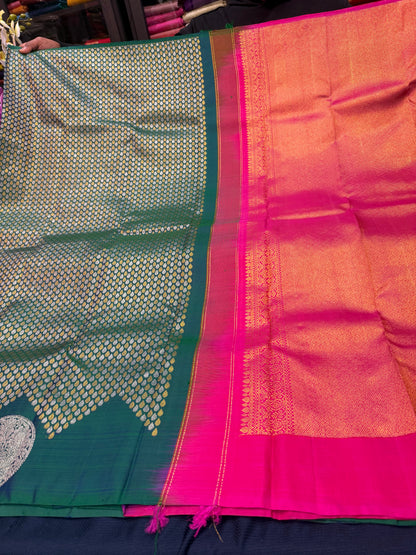 Kanchipuram Pure Silk handloom Saree Indian Kanjivaram Green Sari SPK427