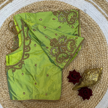 44” Size 14 Aari Worked Sari Blouse Indian Saree Top Silk Apple Green B250