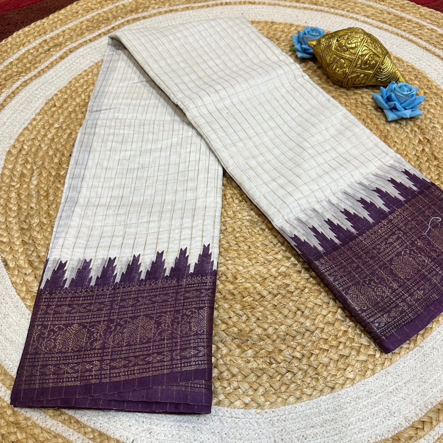 White & Purple Madurai Sungudi Cotton Sari Indian handloom Saree C2