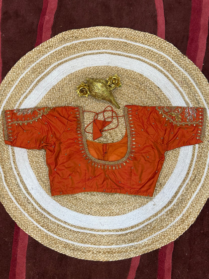 40” Size 10 Aari Worked Sari Blouse Indian Saree Top Silk Orange B74