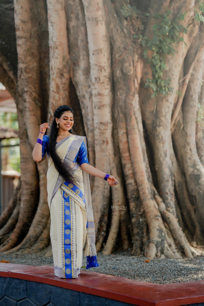 Kerala Multi Set Mundu Vishu Sari Indian hand Printed Kasavu Onam Saree C53