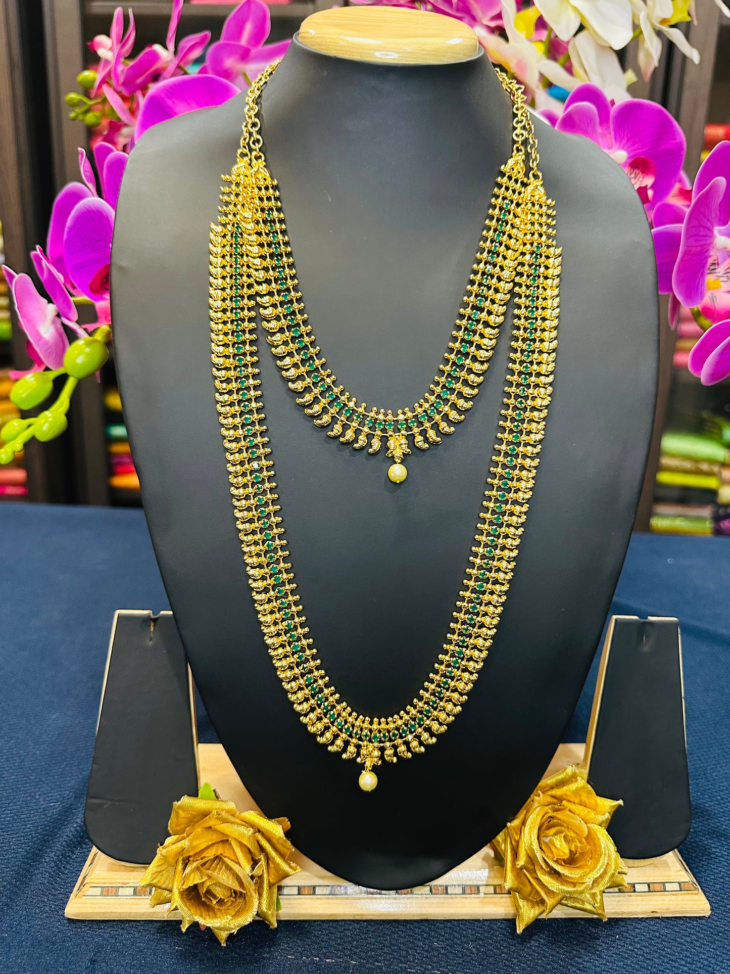 Forming Gold Indian Necklace Kerala Jewellery Green N44