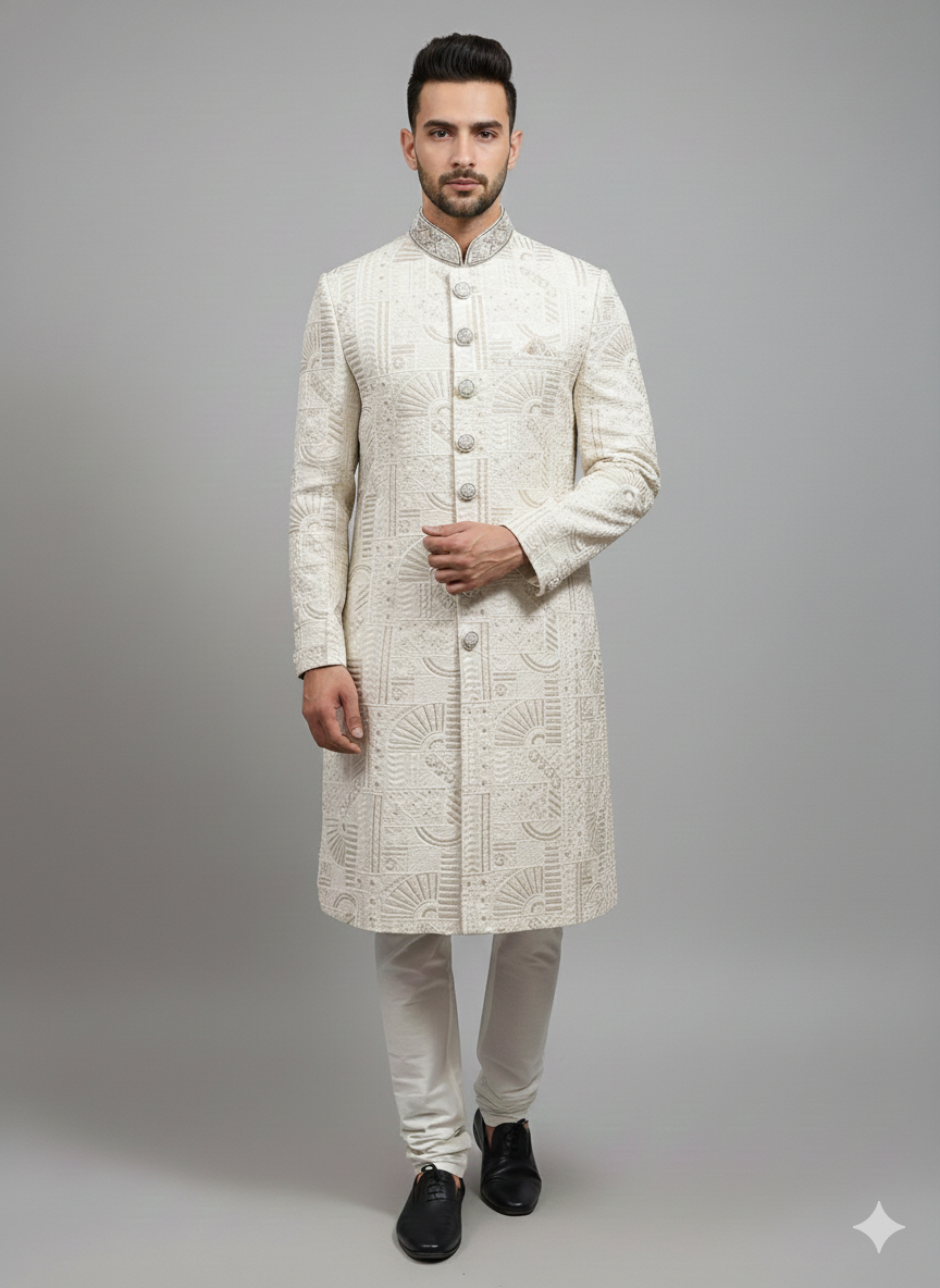 36” Small size Men’s Kurta Indian Ceam & Maroon Sherwani Bollywood outfit M14