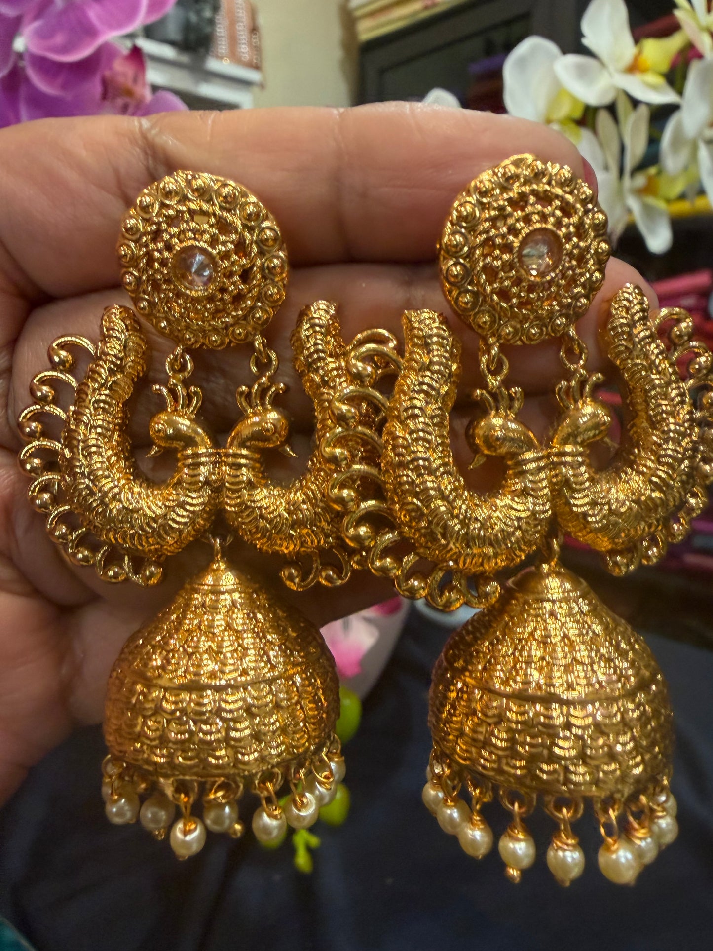Golden Jumka Jhumka Indian Brass Earrings Jimikki Kammal Indian Jewellery E26