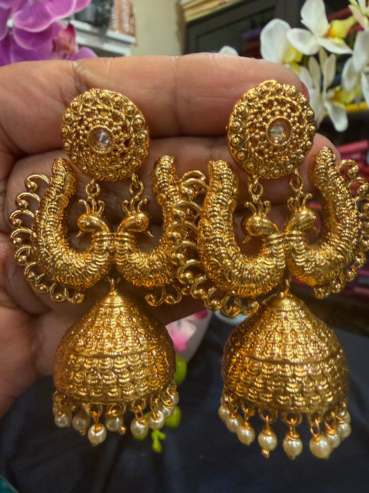 Golden Jumka Jhumka Indian Brass Earrings Jimikki Kammal Indian Jewellery E26
