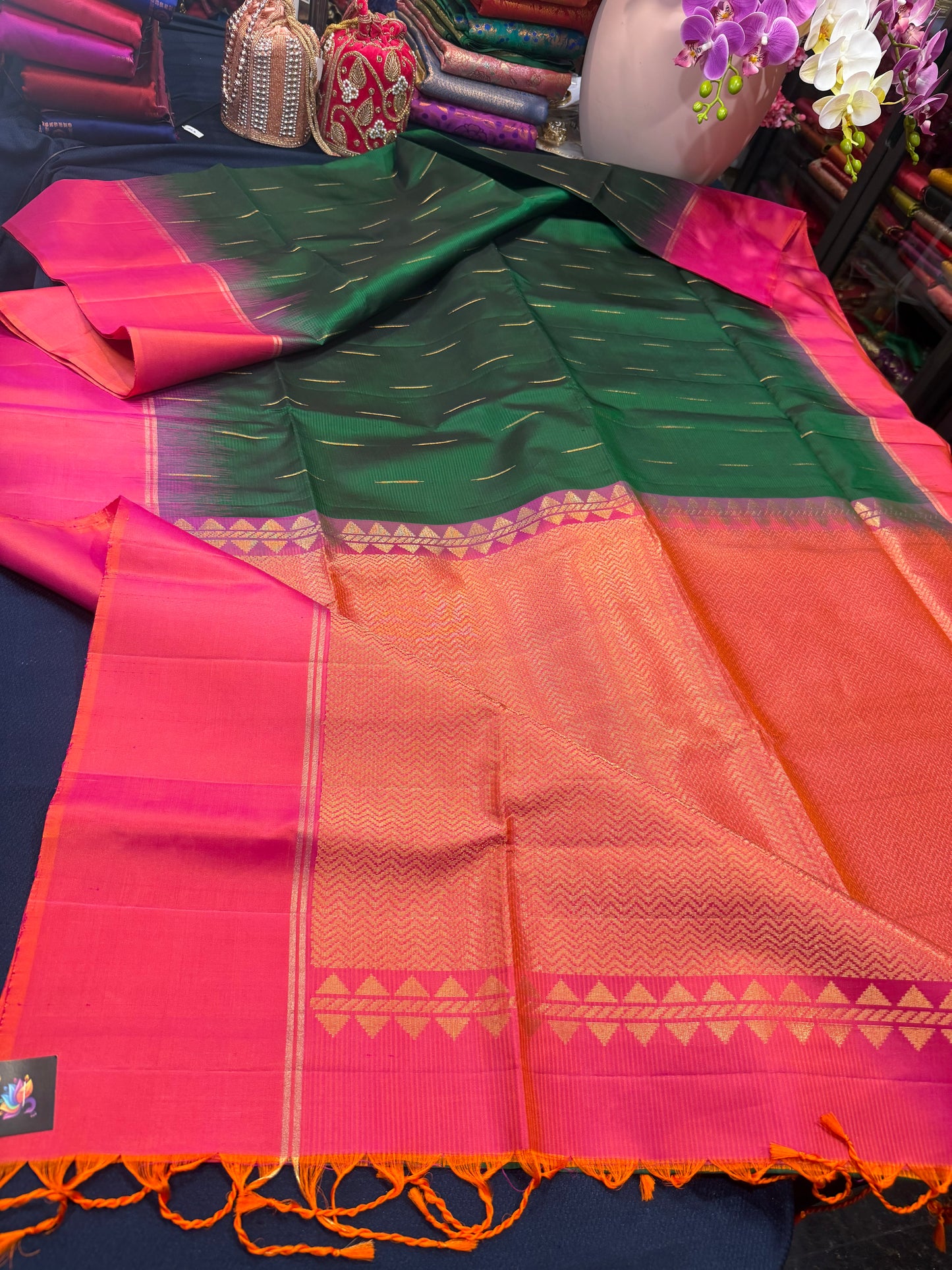 Kanchipuram Soft Silk Saree Pure Silk Sari Green Orange Colour | SS2