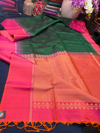 Kanchipuram Soft Silk Saree Pure Silk Sari Green Orange Colour | SS2