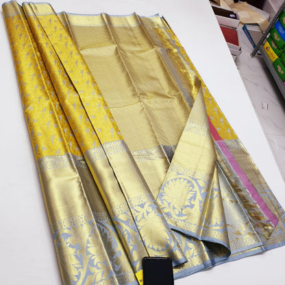 Bridal Tissue Kanchipuram Pure Silk Saree Gold & Grey Kanjivaram Sari|SPK141