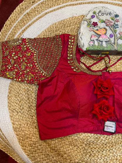 40” Bridal Aari hand Worked Sari Blouse Indian Top Choli Silk Red B39