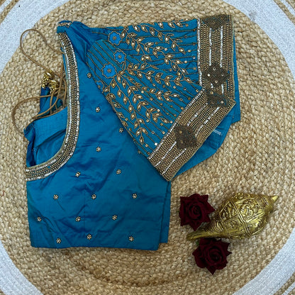 44” Size 14 Aari Worked Sari Blouse Indian Saree Top Blue B266