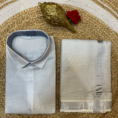 Men’s South Indian Vesti Shirt Combo Tissue Silver Dhotti V2