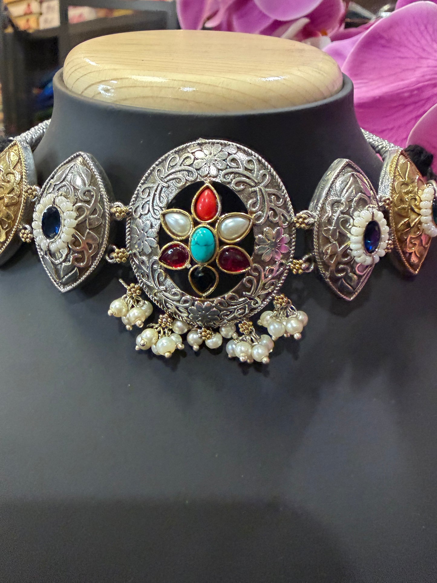 Handmade Brass Necklace with Silver polish Indian Tribal Multi Jewellery N93