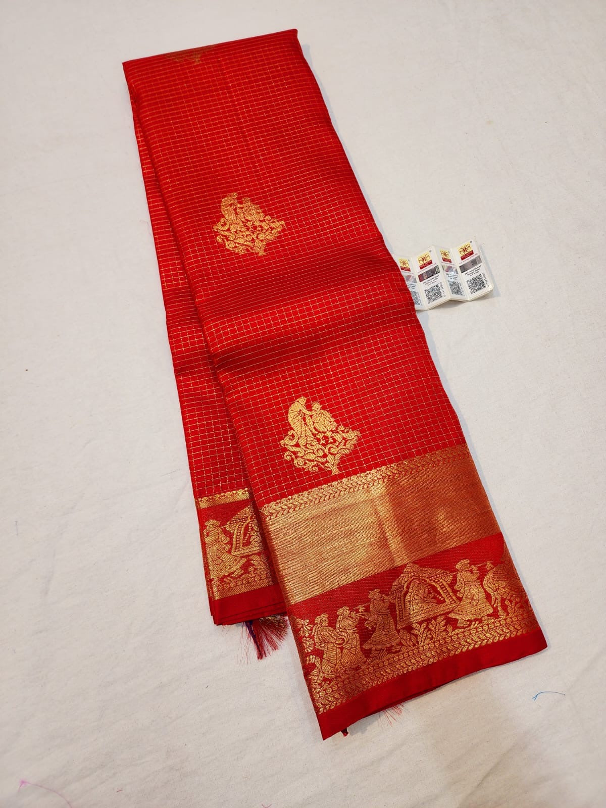Kanchipuram Pure Silk Saree Bridal Red Checkered Kanjivaram Sari SPK255