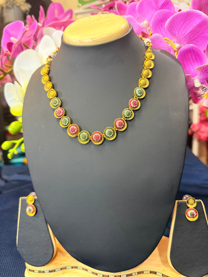 Indian Necklace & Earrings Ruby Pink & Green Multi Addiyal Jewellery Set V4