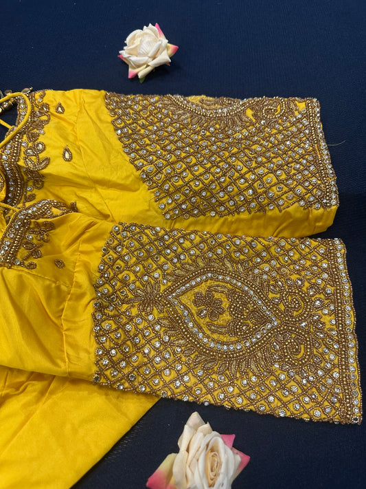 40” Aari hand Worked Sari Blouse Indian Top Choli Silk Yellow B21