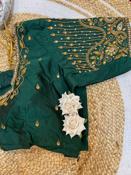 40” Aari hand Worked Sari Blouse Indian Top Choli Silk Green B25