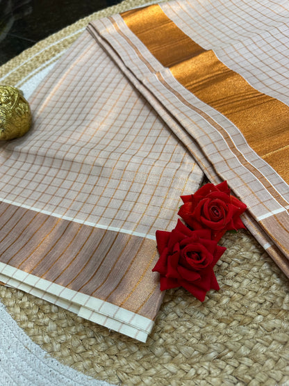 Kerala checkered Vishu Sari Indian Onam Copper Saree C17
