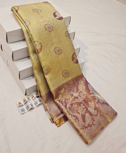 Kanchipuram Pure Silk Saree Bridal Cream Kanjivaram Sari SPK246