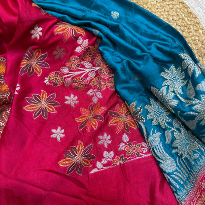 Blue Pink Sari Indian Fancy Stonework Party wear Silk Saree S145