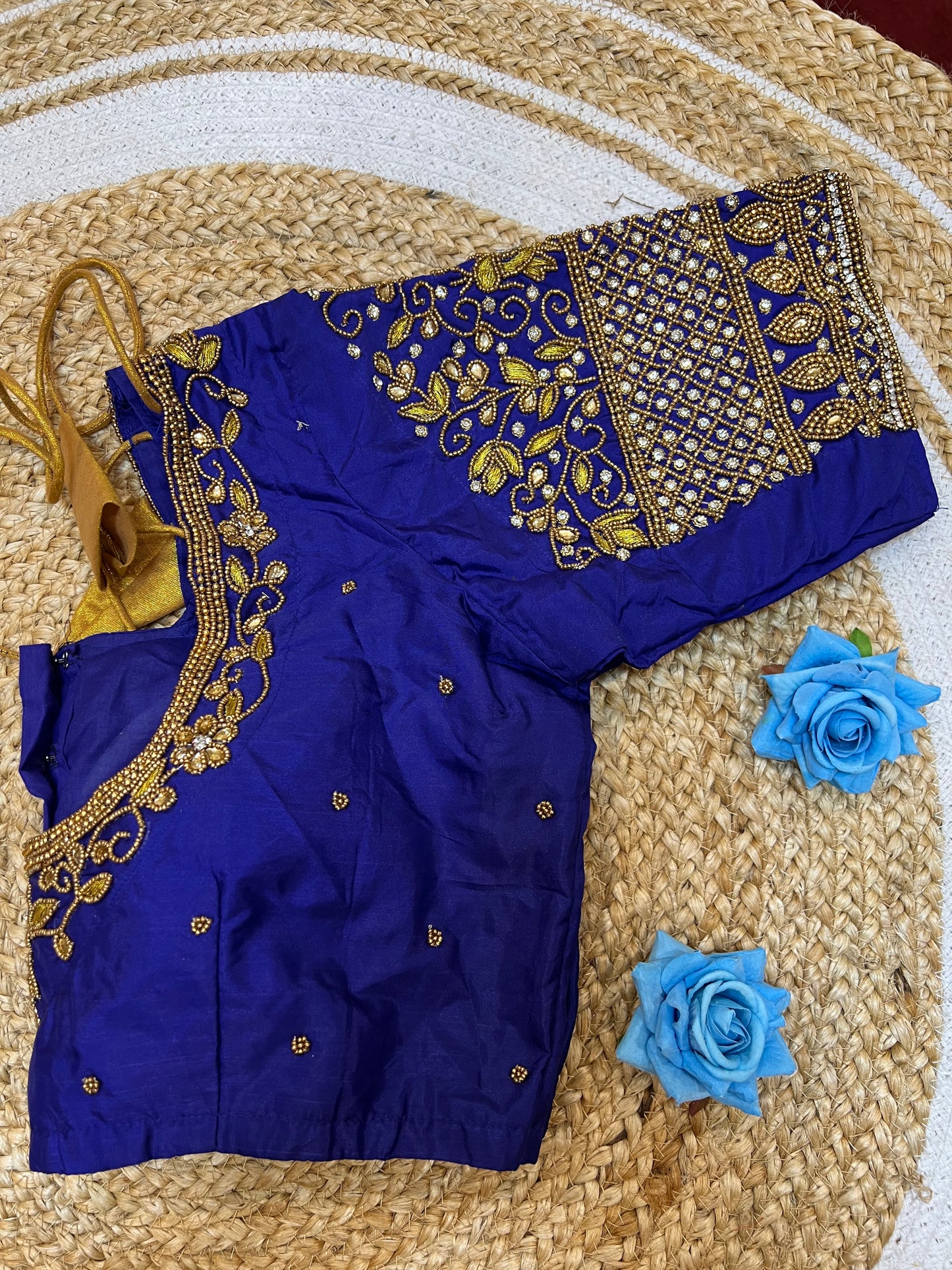40” Aari hand Worked Sari Blouse Indian Top Choli Silk Royal Blue B33
