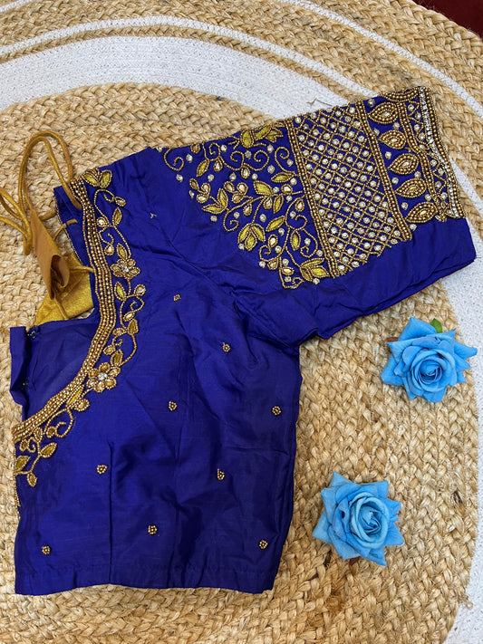 40” Aari hand Worked Sari Blouse Indian Top Choli Silk Royal Blue B33
