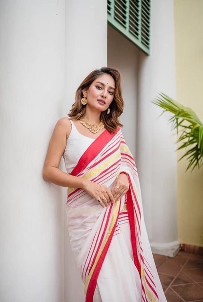 MUL Cotton Sari Indian casual Saree Red White Gold C27