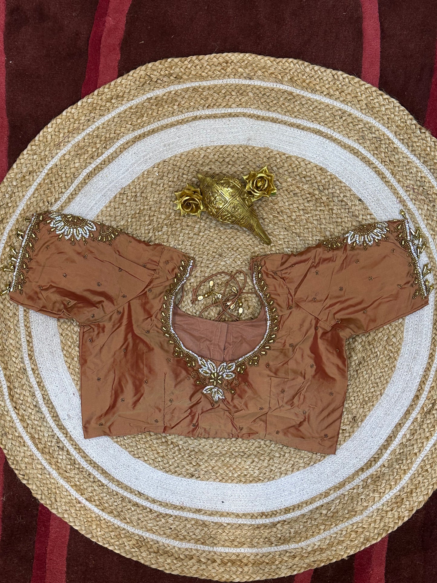 40” Size 10 Aari Worked Sari Blouse Indian Saree Top Silk Light Copper B78