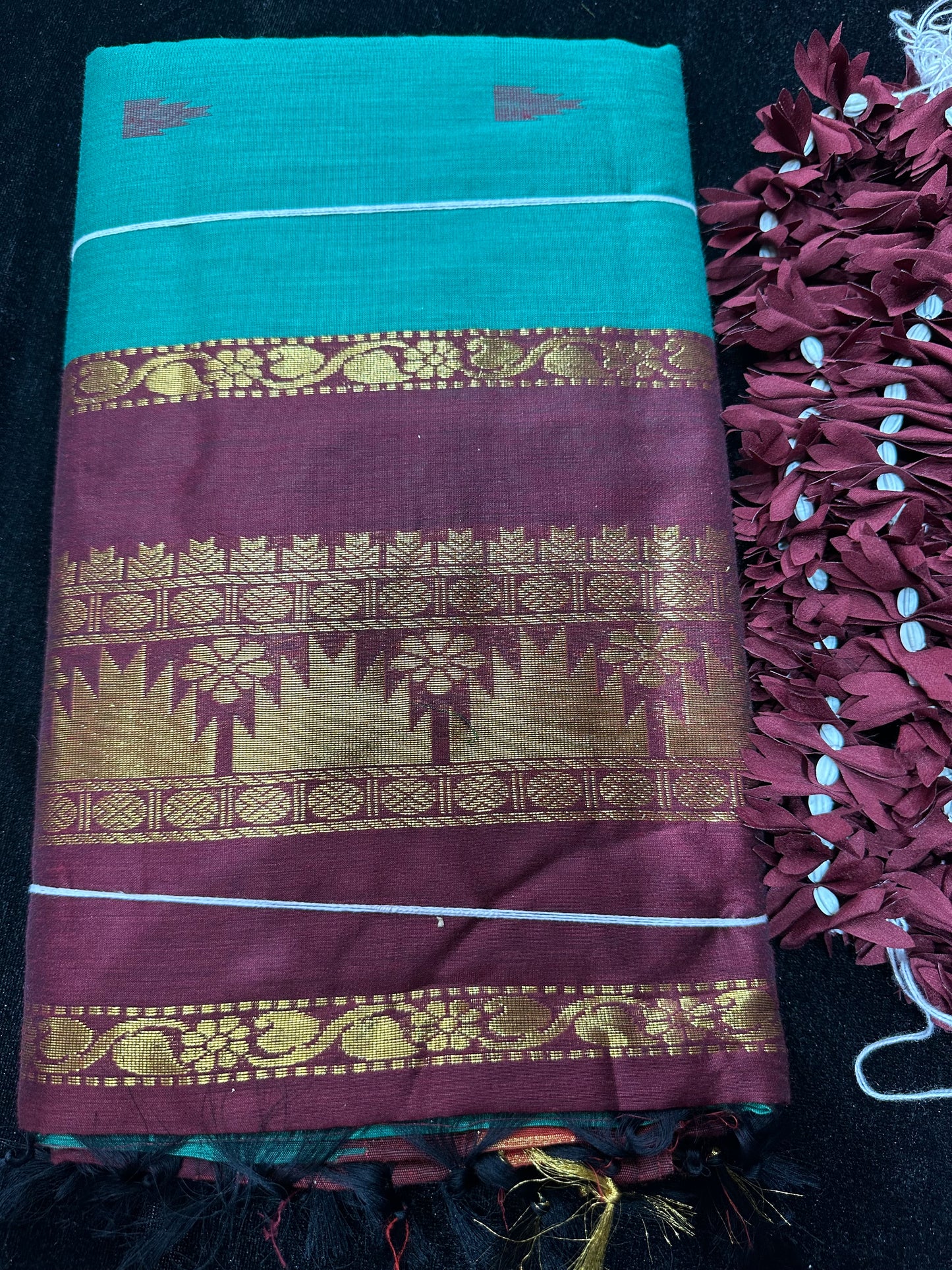 Kalyani Silk Cotton Sari Indian Saree Aqua & Burgundy S51