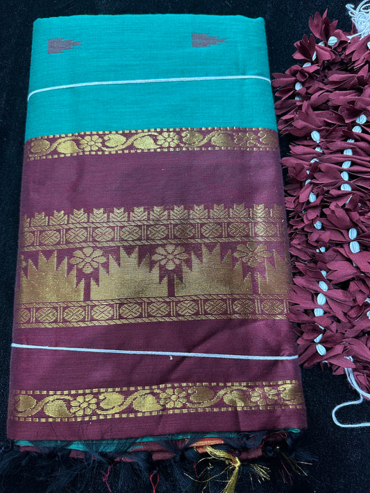 Kalyani Silk Cotton Sari Indian Saree Aqua & Burgundy S51