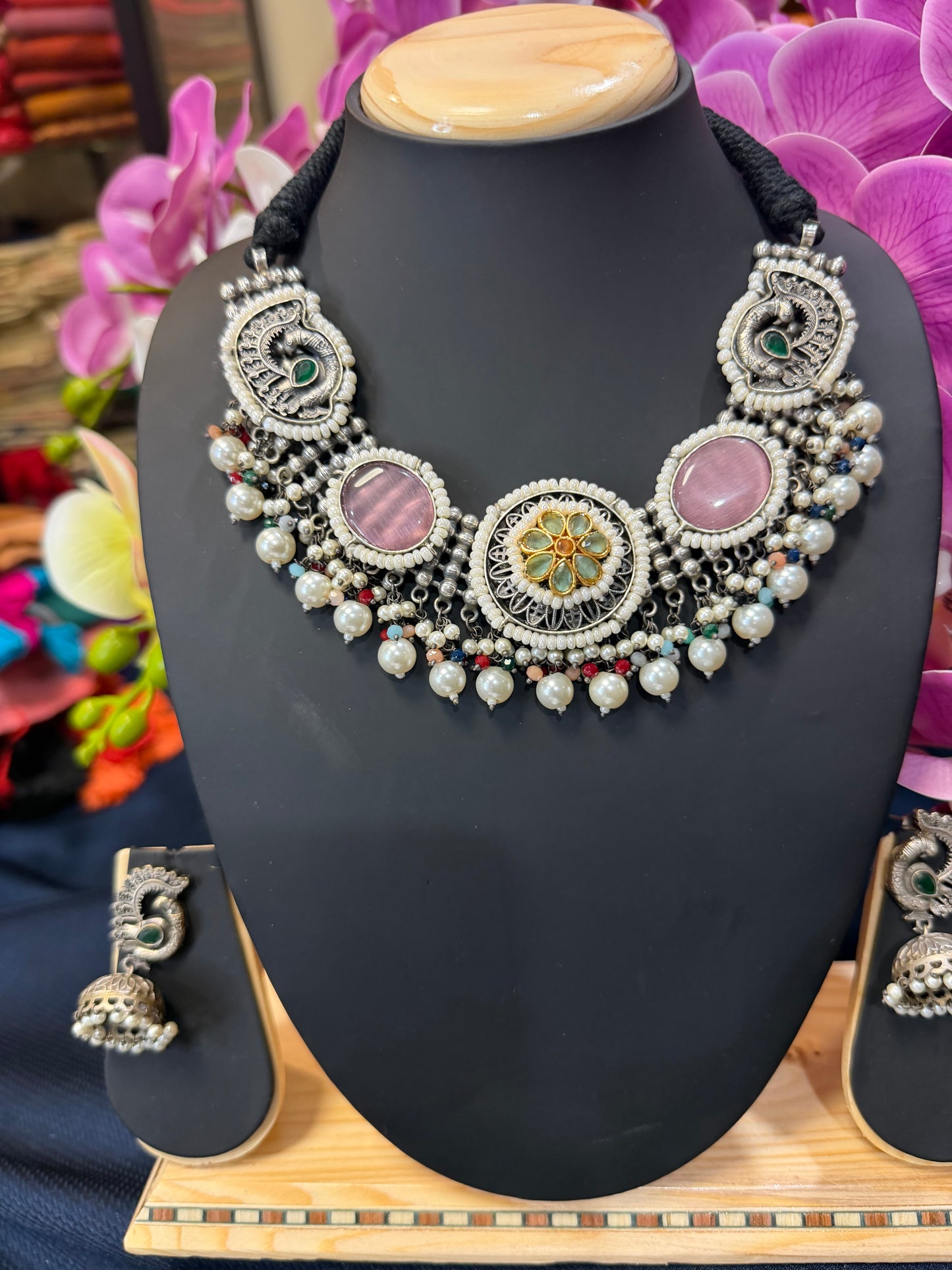 Handmade Brass Necklace with Silver polish Indian Tribal Pink Jewellery N91