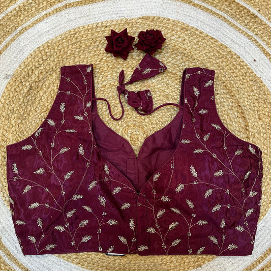 Maroon 44” Size 14 Sari Blouse Brocade Indian Saree Top B421