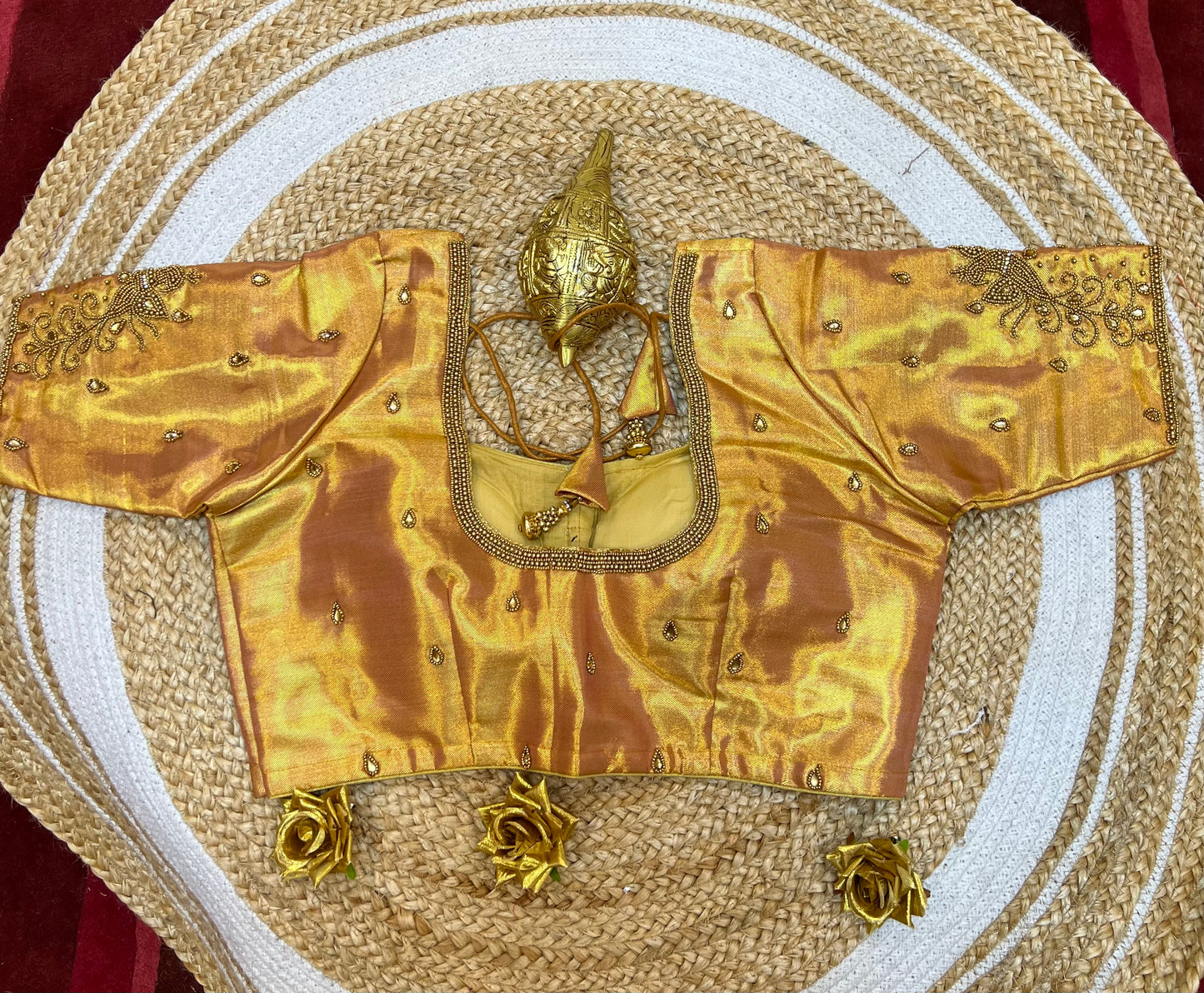 40” Aari hand Worked Sari Blouse Indian Top Choli Silk Gold B45