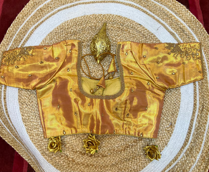 40” Aari hand Worked Sari Blouse Indian Top Choli Silk Gold B45