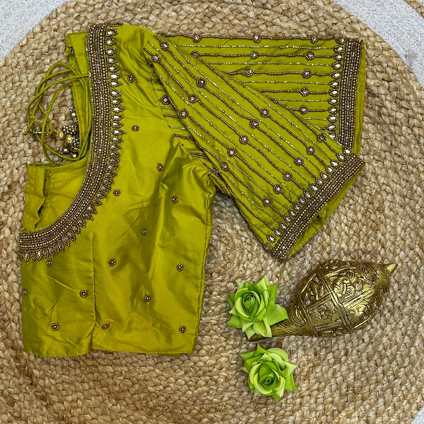 38” M Size 8 Aari Worked Sari Blouse Indian Saree Top Mehndi Green B292