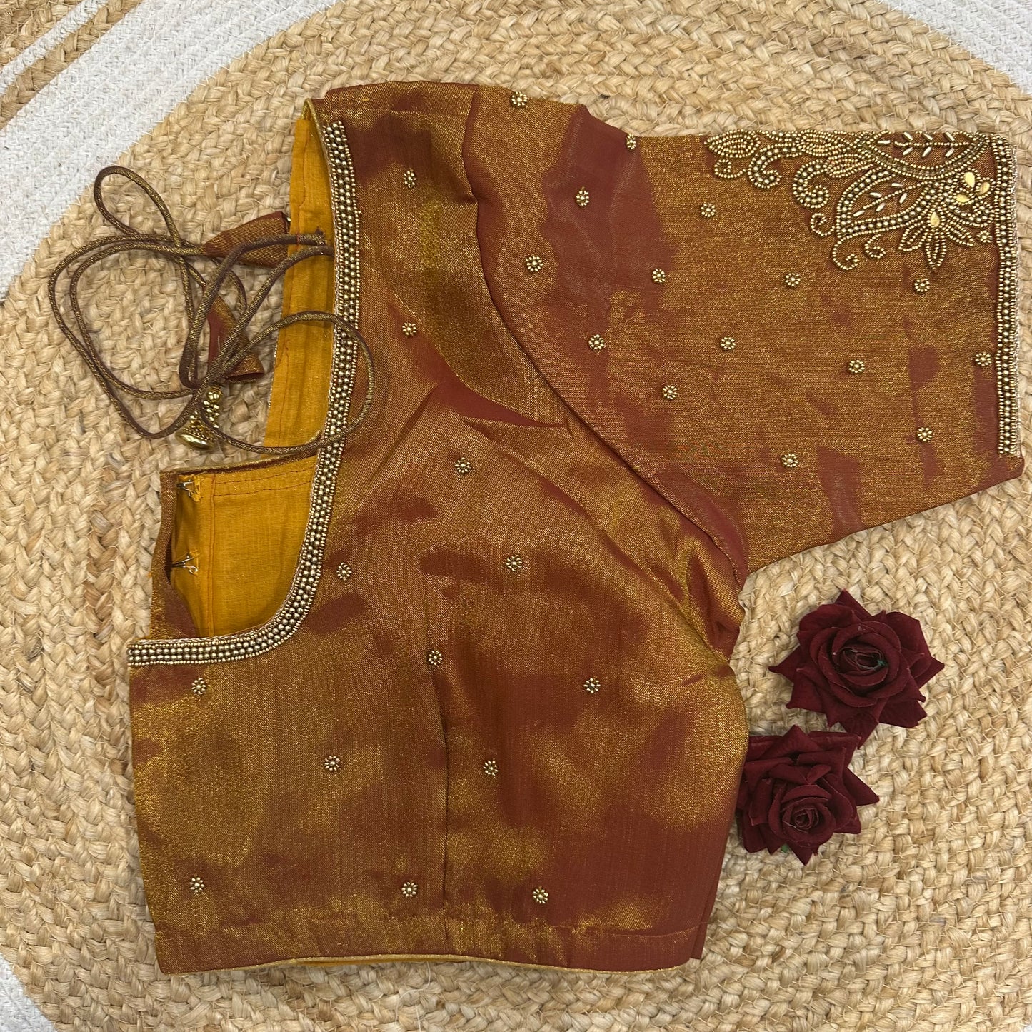 46” Size 16 Aari Worked Sari Blouse Indian Saree Top Silk Orangish Copper B417