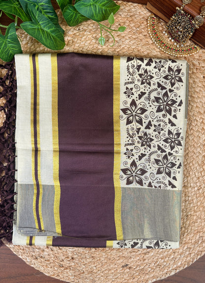 Plum Wine Kerala Vishu Sari Indian Premium Cream Saree C7