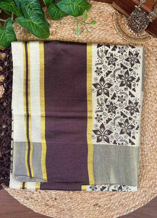 Brown Kerala Vishu Sari Indian Premium Cream Saree C7