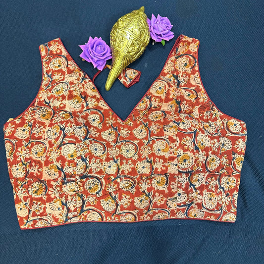 Terracotta Cotton Kalamkari 38” M Size 8 Sari Blouse Indian Saree Top B405
