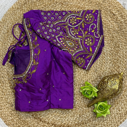 38” M Size 8 Aari Worked Sari Blouse Indian Saree Purple B306