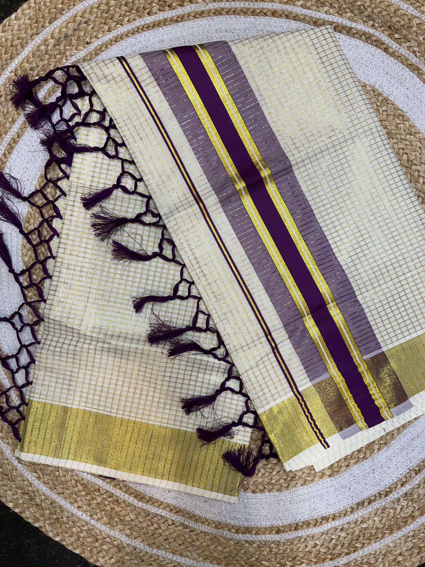 Red Kerala Vishu Sari Indian hand Printed Kasavu Onam Saree C22 Col 2