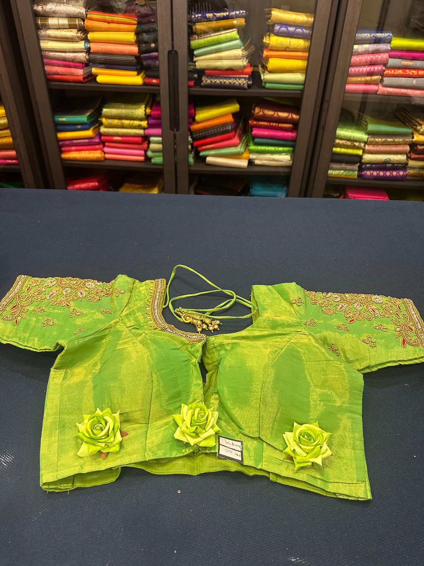 40” Aari hand Worked Sari Blouse Indian Top Choli Silk Green Gold B12