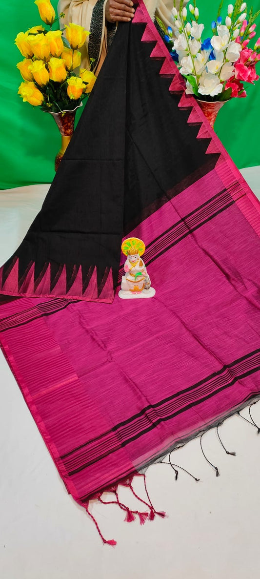 Black & Pink Soft Slab Cotton Linen Sari Indian Saree with temple border C1