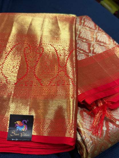 Bridal Tissue Kanchipuram Pure Silk Saree Gold & Red Kanjivaram Sari| SPK153